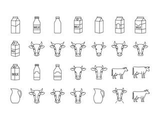 Milk Product Icons: A minimalist illustration showcases a variety of milk containers and cow heads, emphasizing the simplicity of dairy products, offering a clean and modern visual aesthetic.