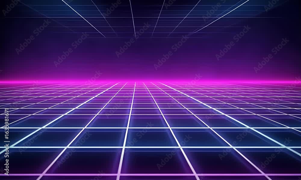 Poster a neon grid background with glowing lines in purple and blue, creating an atmosphere reminiscent of 