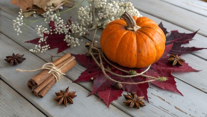 A small orange pumpkin sits on a bed of deep red maple leaves, surrounded by cinnamon sticks and star anise on a rustic wooden table, evoking a cozy autumn atmosphere