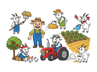 Farm Animals: A cute illustration of a farm environment, with charming goats, the central focus, interacting with each other, engaged in various farm activities, alongside a farmer.