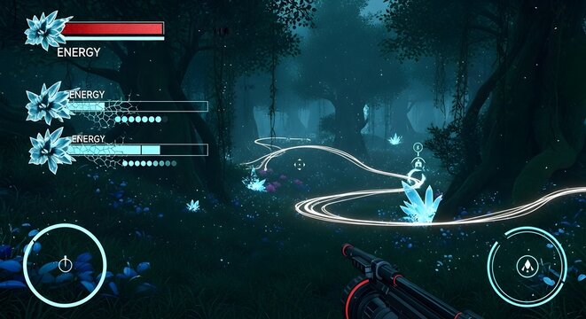A video game scene, showing a player in a mystical forest with glowing crystals and energy bars.