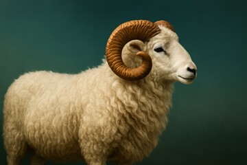 White sheep with curved horns on green background
