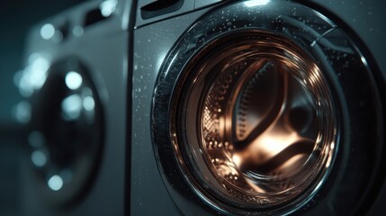 A close-up shot of a modern washing machine drum, showcasing its sleek design and droplets of water on the surface.