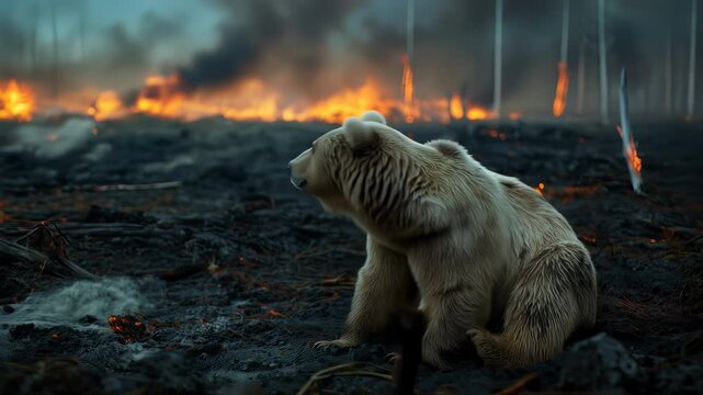 A solitary bear sits in the remnants of a charred landscape, symbolizing the emotional impact of environmental destruction and highlighting the consequences of wildfires.