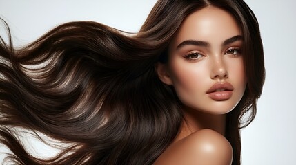 Portrait of young beautiful woman with elegant make-up and perfect hairstyle.A captivating beauty portrait of a flawless model, an editorial fashion shoot. Generative AI.