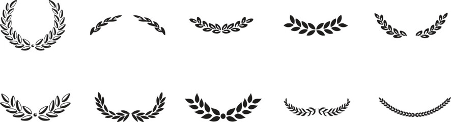 A diverse collection of beautiful laurel wreath and olive branch borders and decorative elements, perfect for awards, logos, and elegant graphic design, for Adobe Stock.
