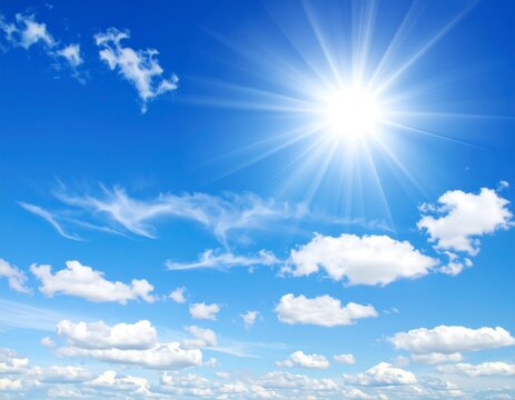 Bright sun shines on partly cloudy blue sky