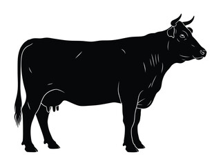 Black Silhouette Cow: A sleek black cow stands proudly in profile, its form captured in a striking silhouette. Emphasizing simplicity and the graceful shape of a rural animal.