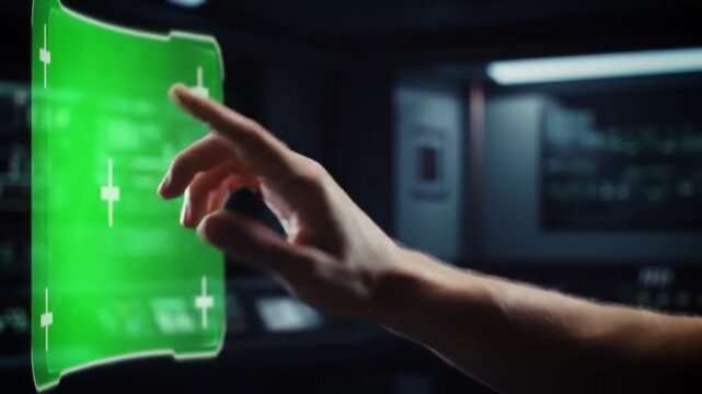 A person's hand interacts with a futuristic, curved green screen interface, showcasing advanced holographic technology in a dark command center.