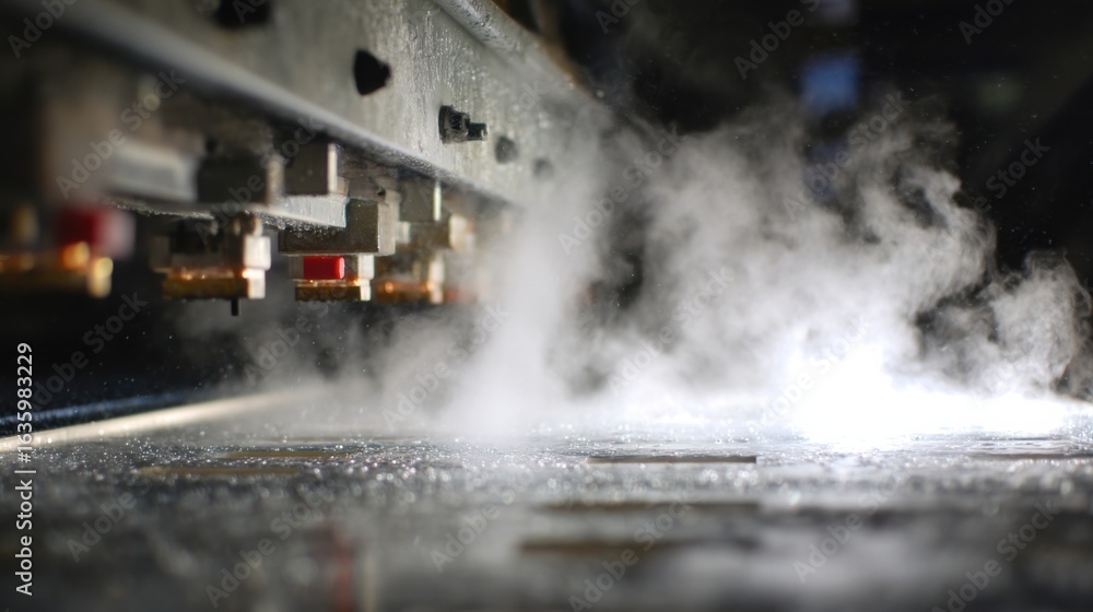 Poster a detailed closeup of the steam and moisture escaping from the hotpress machine illustrating the cur