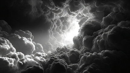 Bright light breaking through dark storm clouds creating a dramatic tunnel effect. Hope and breakthrough concept for new beginning.