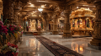 Obraz premium Opulent hindu temple interior with intricate golden carvings and floral arrangements a majestic display of asian artistic craftsmanship
