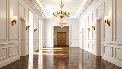 Luxurious, white interior hallway with gold accents