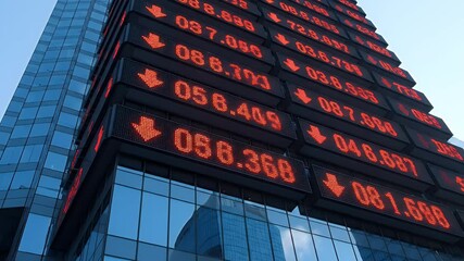 Red LED Stock Market Financial Data Display on Modern City Building Facade Showing Economic Downturn and Market Decline with Negative Indicators and Glowing - Powered by Adobe