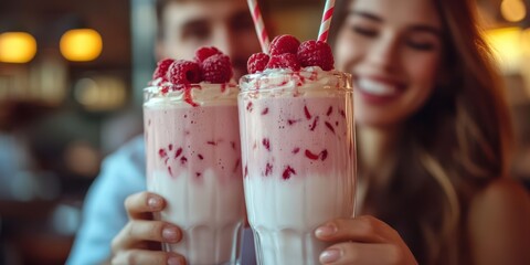 Enjoying raspberry milkshakes at a cozy cafe in the afternoon with friends in a warm and inviting atmosphere