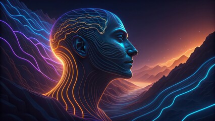 Ai generated human head with digital lines and mountain landscape for technology and future concepts