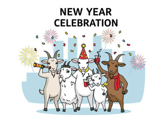 New Year Celebration with Goats: Adorable goats in a festive celebration, with fireworks and confetti. This illustration depicts the joy of a New Year's party and cheerful company. 