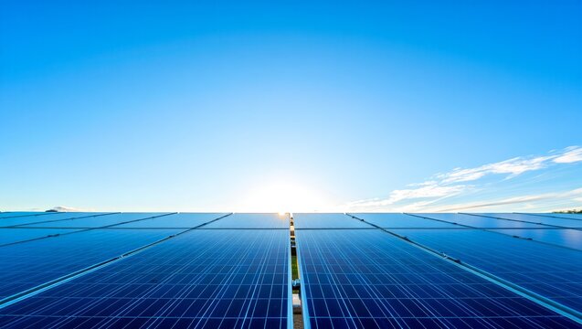 Clean Energy Solar Panels: Bright Blue Sky, Sunlit Sustainable Power Generation