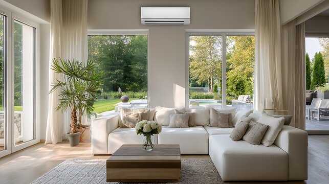 Modern living room features energy efficient air conditioner. White sofa with neutral pillows sits in front of large window overlooking patio. Mini split HVAC unit on wall. Open.