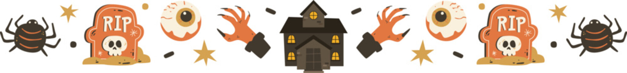 alloween Spooky Gravestone Border Pattern Design with Haunted House Scary Hand Eye Ball and Gravestone Illustration