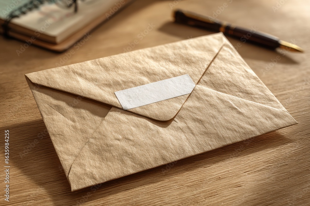 Poster a textured brown paper envelope with a blank white label on a rustic wooden desk surface.