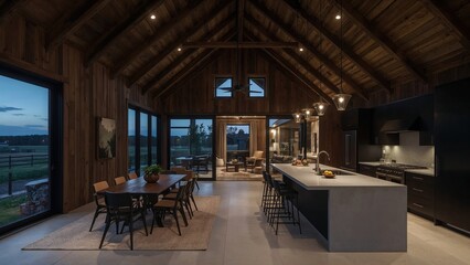 Luxurious modern kitchen and dining room in a rustic barn style home featuring open floor plan and exterior views at dusk