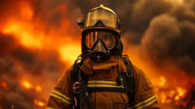 A firefighter in full gear stands poised against a backdrop of raging flames and smoke, showcasing the intensity and danger of firefighting and the commitment to saving lives.