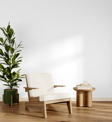 Modern Wooden Lounge Chair and Minimalist Side Table – Transparent Background PNG with Soft Shadow