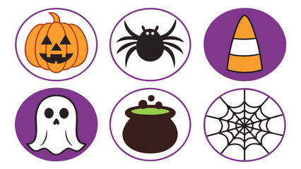 Cute Halloween Icons:  Pumpkin, Spider, Candy Corn, Ghost, Cauldron, Spiderweb;  Flat Design, Purple Circles, Festive Mood.