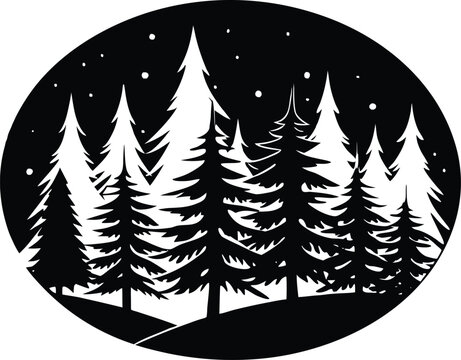 black and white forest scene in oval clip art preview
