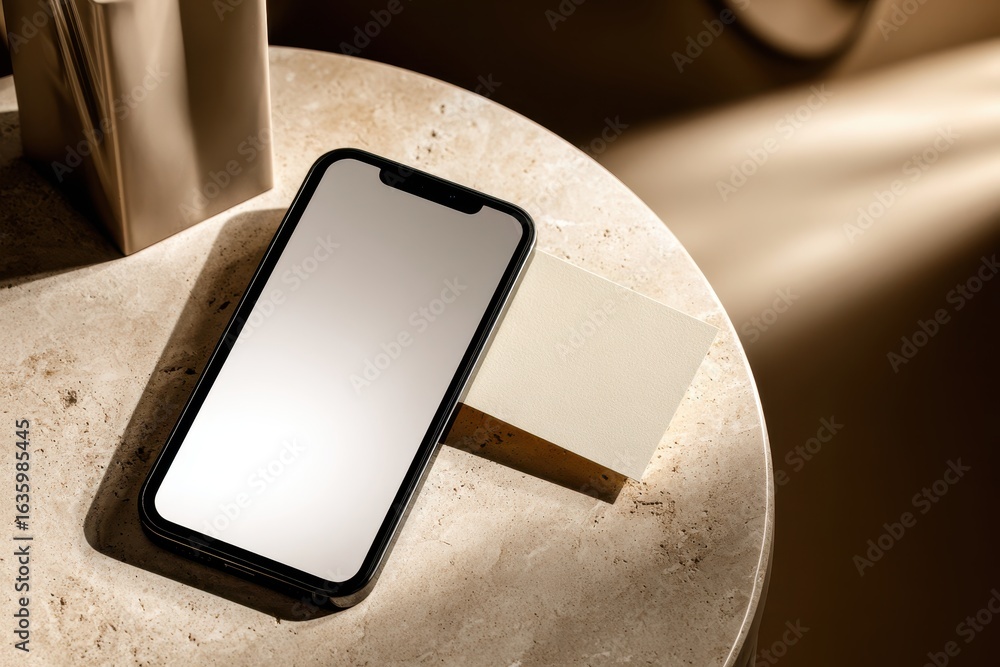 Aufkleber modern smartphone with blank screen and card on textured stone table in sunlight.