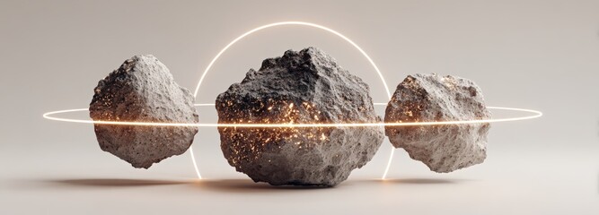 3D representation of an asteroid belt segment featuring glowing arcs on a pale background