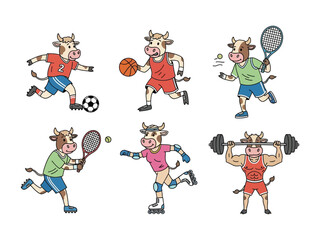 Cow's Athletic Endeavors: An Illustrated collection showcasing cows engaging in various sports, from soccer to weightlifting. A fun and lighthearted depiction of farm animal athletes in action!