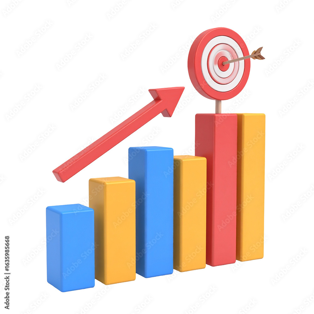 Poster colorful 3d graph with an upward arrow pointing to a target with an arrow. shows growth