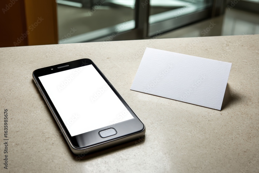 Poster modern smartphone with blank screen next to an empty business card on a desk.