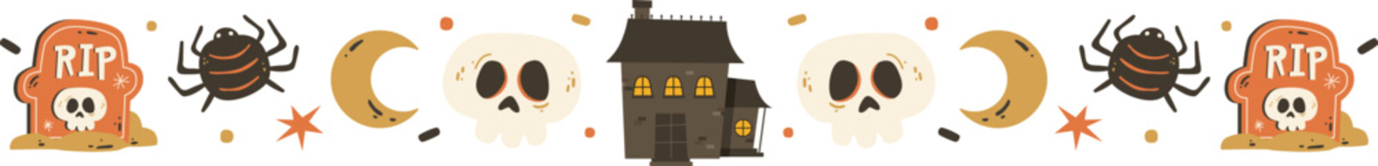 Halloween Spooky Border Pattern Design with Haunted House Moon Gravestone Candy Skull and Spider Illustration