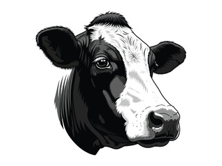 Cow's Portrait: A striking monochrome illustration of a cow's head. Perfect for designs with farm theme.
