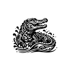 Alligator with ornate patterns emerging from water, fierce