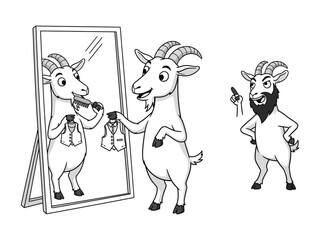 Goat Grooming in the Mirror: A whimsical illustration showcases a dapper goat meticulously grooming itself in front of a mirror.