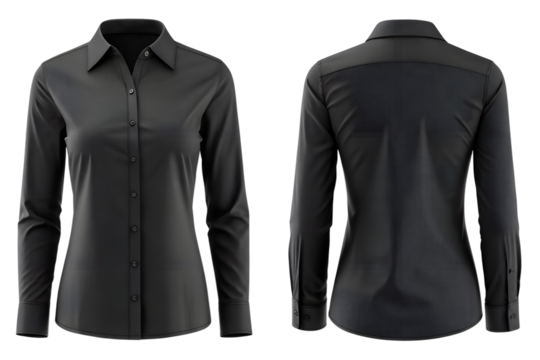 Sleek black tailored long-sleeve blouse for professional women, front and back view, elegant style - Powered by Adobe
