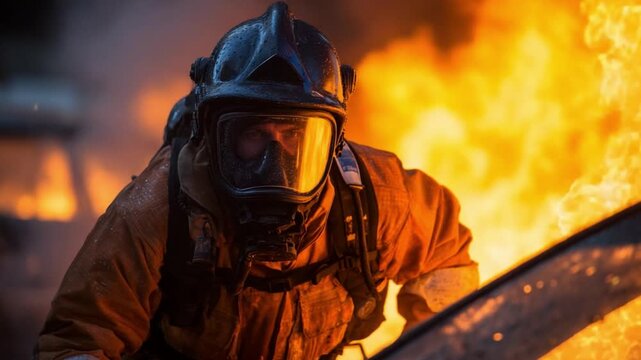 Bravery in Flames: A determined firefighter in full gear fearlessly confronts a raging inferno, embodying courage, protection, and the relentless pursuit of safety amid chaos.