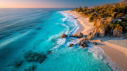 Fototapeta premium Aerial view of a tropical beach with turquoise water and rocky cliffs