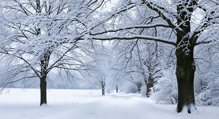 Beautiful winter landscape with snow covered trees on a cold day in the countryside