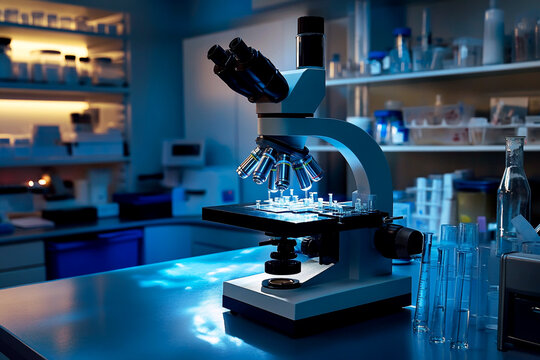 A beautiful microscope is the centerpiece of a scientific lab, with a striking blue light. The image, with its blurred background, is perfect for themes of biology and research