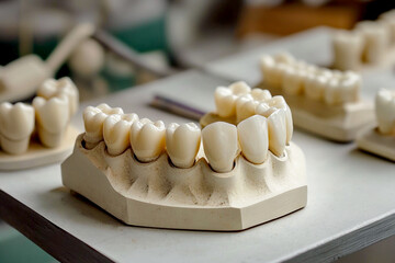 A detailed close-up of a dental model, featuring a shiny yellow metal crown on one of the teeth. This image highlights modern dentist technology and medical advancements in oral medicine