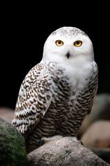Snowy owl perched on rocky surface, showcasing striking white and brown plumage, with captivating yellow eyes, surrounded by a natural environment, embodying wildlife beauty and grace