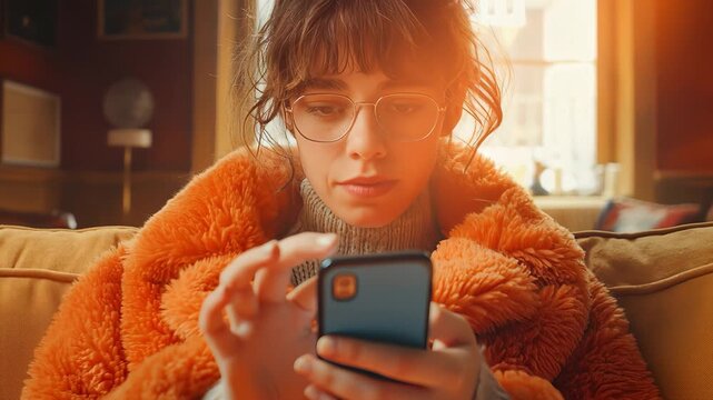A young woman sitting comfortably on a couch, engrossed in her phone while wrapped in an oversized orange coat, illustrating cozy home vibes and modern lifestyle.