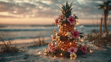A tropical Christmas tree made of pineapples and flowers, adorned with fairy lights, set against a beach at sunset with ocean waves in the background.