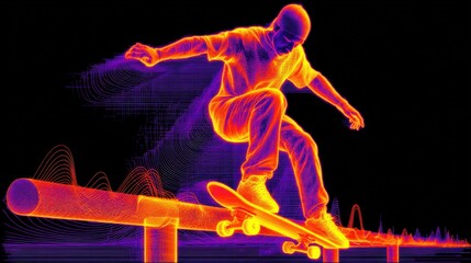 Inline skater performing a grind on a bold-orange handrail with neon highlights