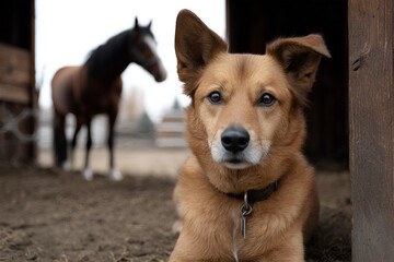 Close-up of a brown dog with expressive eyes resting in a barn, while a horse stands in the background, creating a serene rural atmosphere with animal companionship